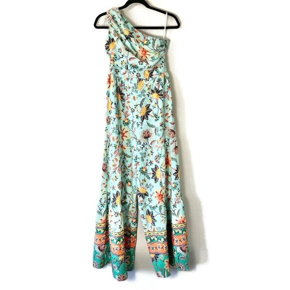 One Shoulder Turquoise floral Wide Leg Jumpsuit Size 6 Medium - Picture 2 of 8